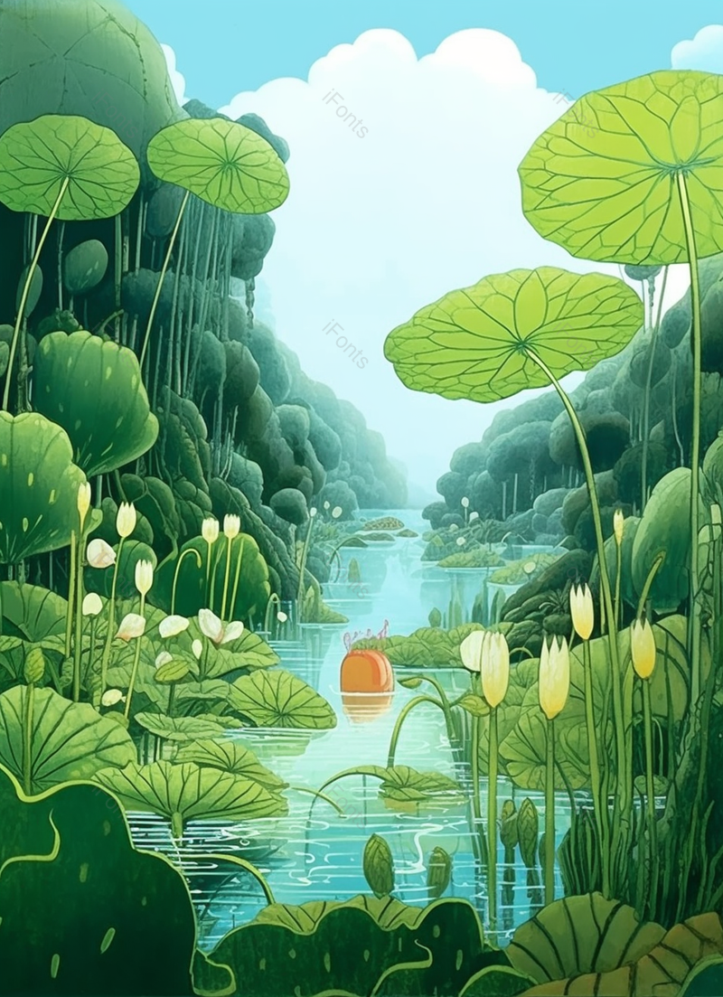 小暑绿色的夏天池塘里的荷叶荷花背景,插画/手绘图,插画/手绘图库,插画/手绘图下载,插画/手绘